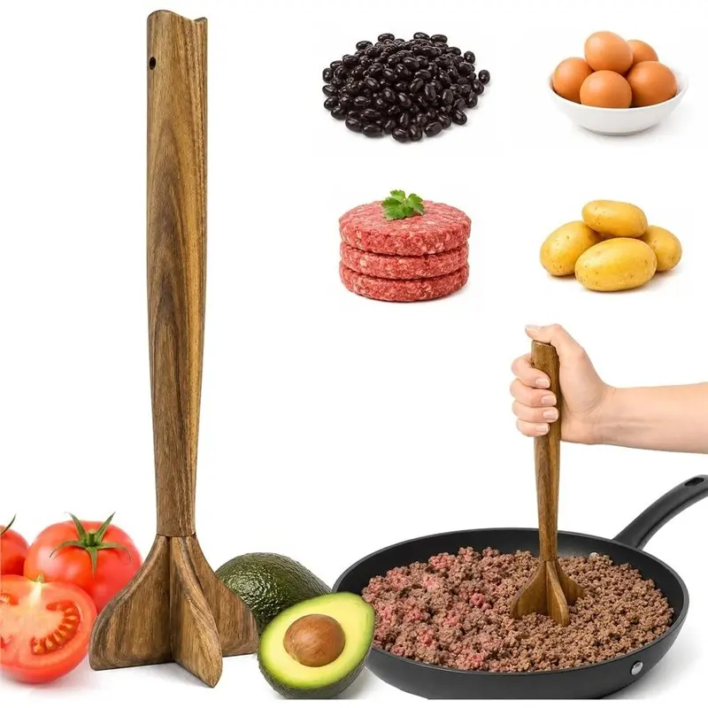 ABAE-Деревянный измельчитель для рубки говяжьего мяса, 11-дюймовый ручной пресс для бургеров и картофеля, пресс для гамбургеров, деревянный пресс для мяса.