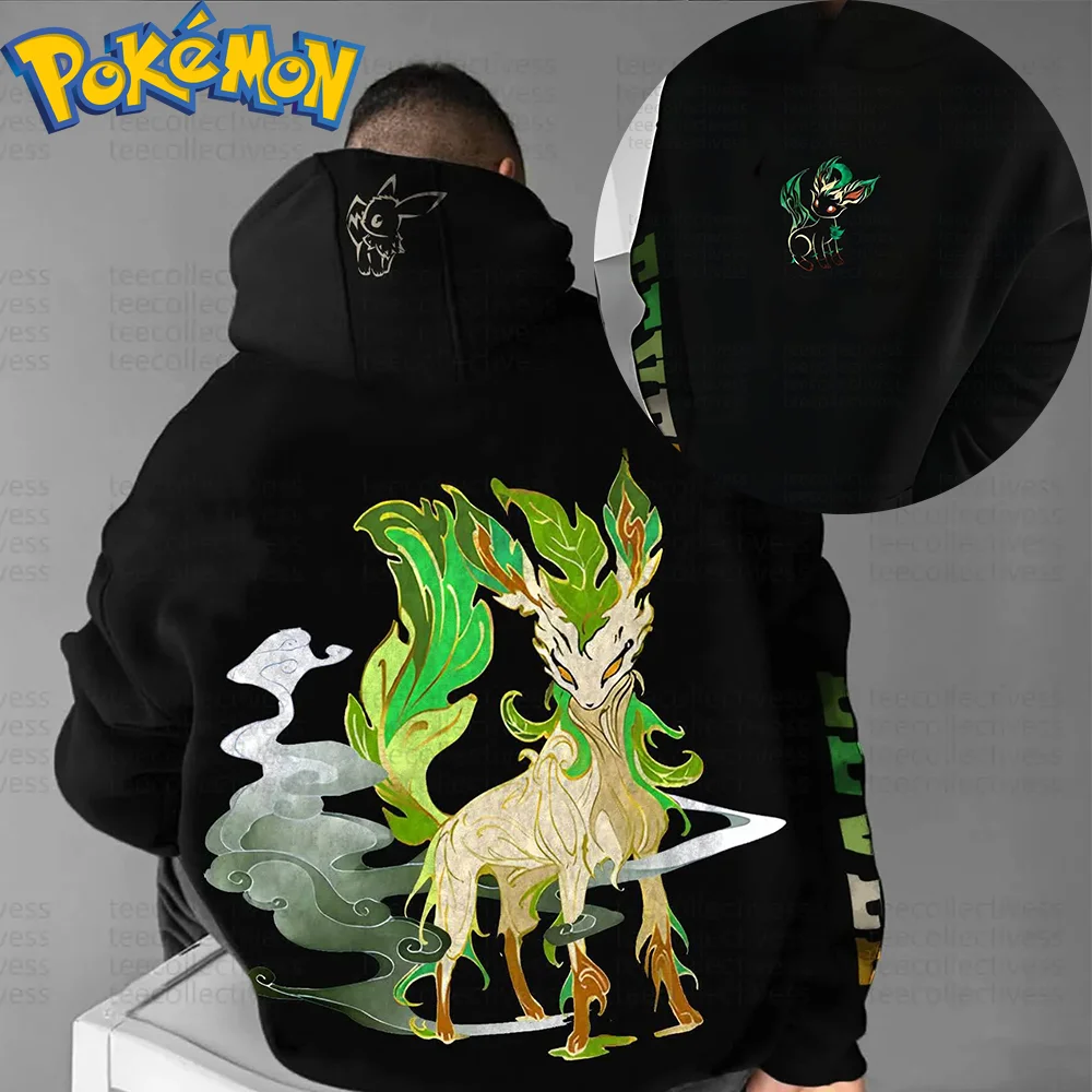 ชุดเสื้อฮู้ดผ้าฝ้ายลายโปเกมอนสไตล์ฮาราจูกุพร้อมกางเกงขายาว สีดำ พิมพ์ลายตัวละครพร้อมลวดลายใบไม้สีเขียวขาวและควัน ชุดสองชิ้น