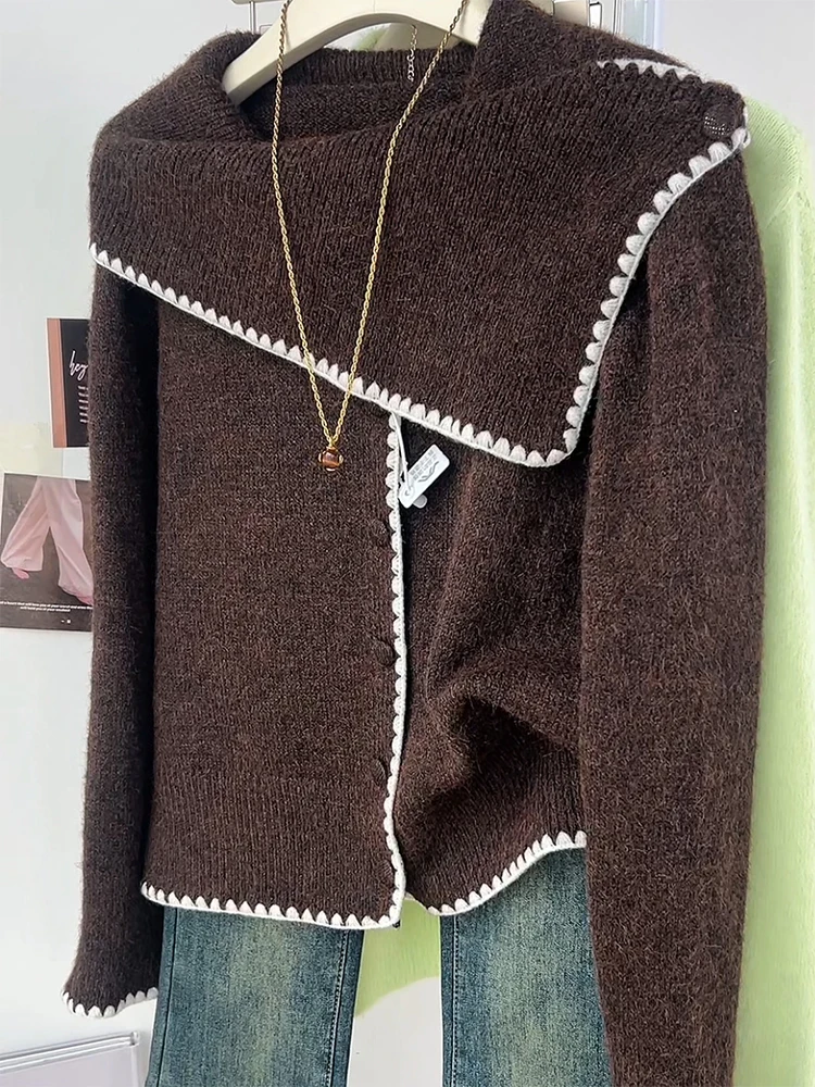 

Женский вязаный кардиган-свитер с воротником-шарфом, осенне-зимний, в стиле колор-блок, в тон кофе, свободного кроя, повседневный, длинный, с рукавами-фонариками