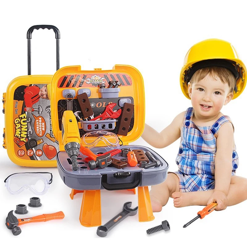 Kinder-Werkzeugbank-Spielzeug-Set für Kleinkinder, 4-in-1-Ingenieur, Rollenspiel-Koffer, Simulation, Schreiner, Ingenieur-Werkzeuge, Rollenspielset