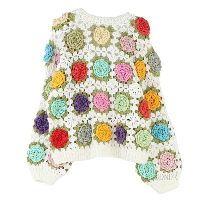 Hand Hook Sweater Cardigan, Three-Dimensional Appliques, Sweet Tops, Contrast Colors, Rose