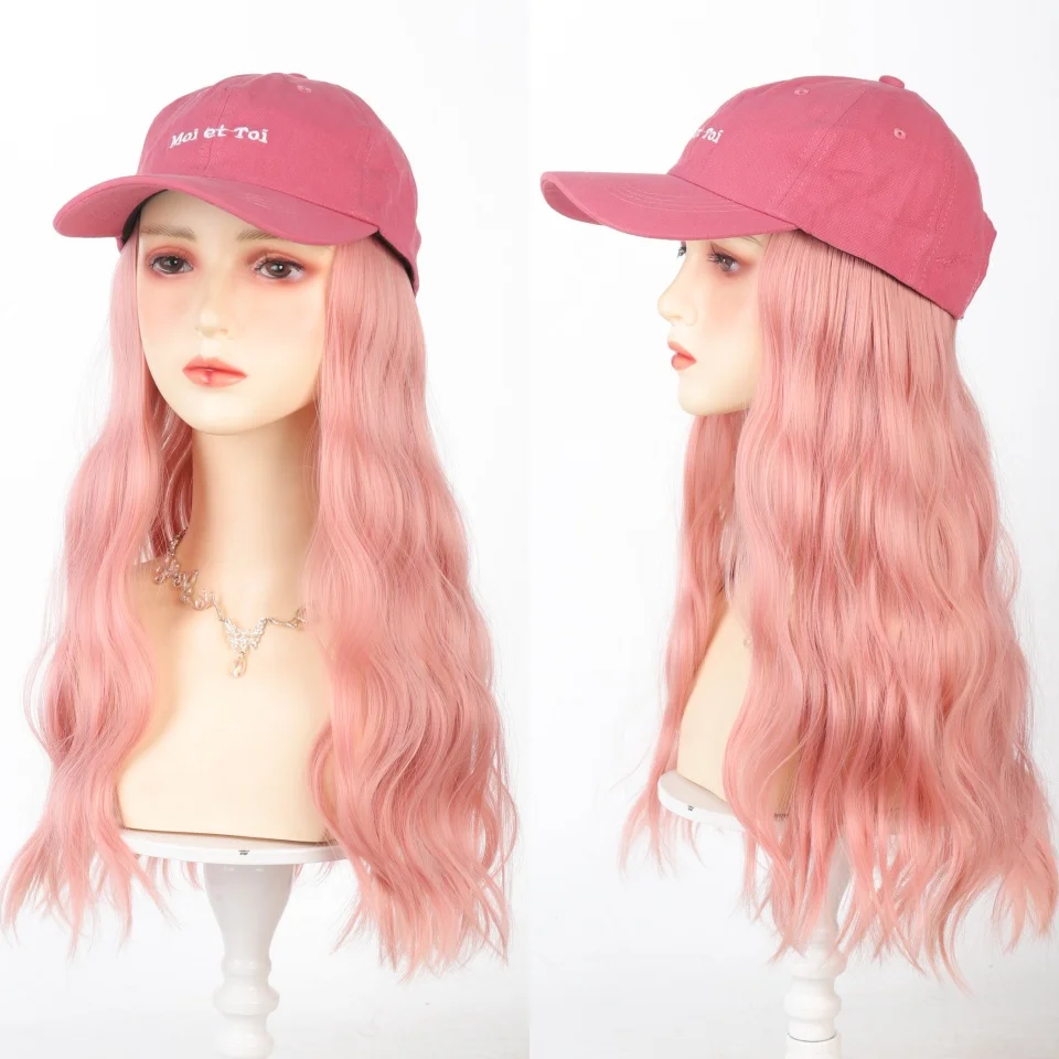 Pink Baseball Cap Seamless Connection Hair Extensions Synthetic 18inch Fluffy Long Wave Wig Hats for Women Adjustable Cap Wigs