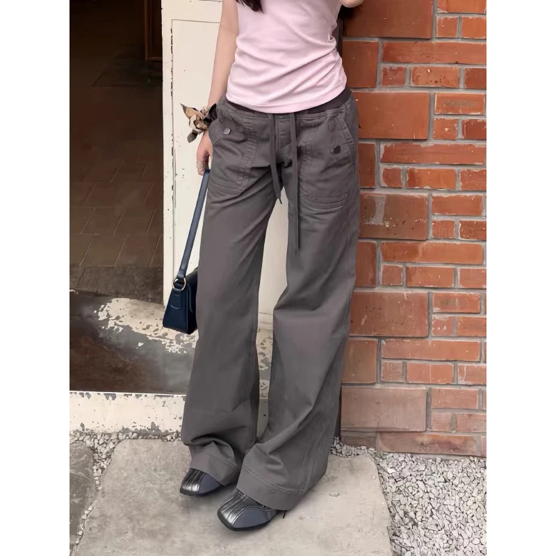 ZHIZOU Women Baggy Flare Jeans Low Rise Punk Cargo Denim Pants Abi Y2K Harajuku Wide Fit Jeans 2000s American Retro High Street