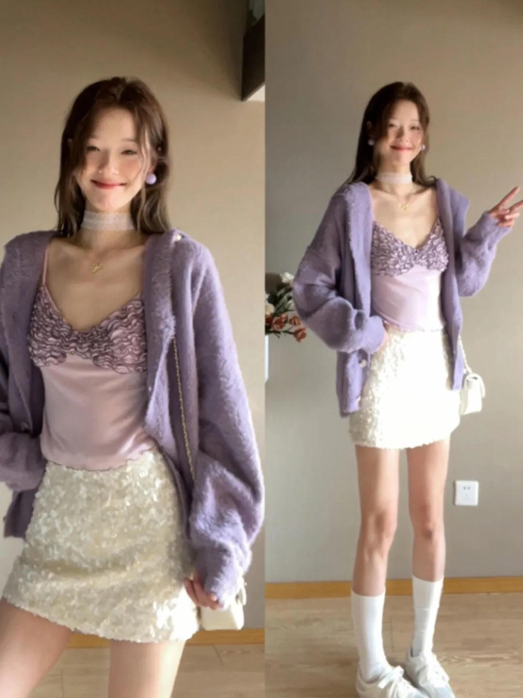 

Весенний комплект 2026: Уникальный фиолетовый свитер и майка, удобная модная женская одежда с круглым вырезом и длинными рукавами