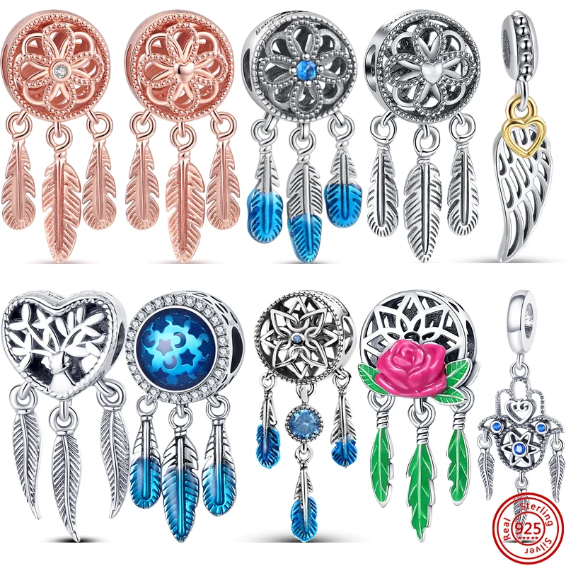 

New 925 Sterling Silver Dreamcatcher 3 Green Blue Feathers Hollow Pendant Beads Fit Original Pandora Charms Bracelet DIY Jewelry