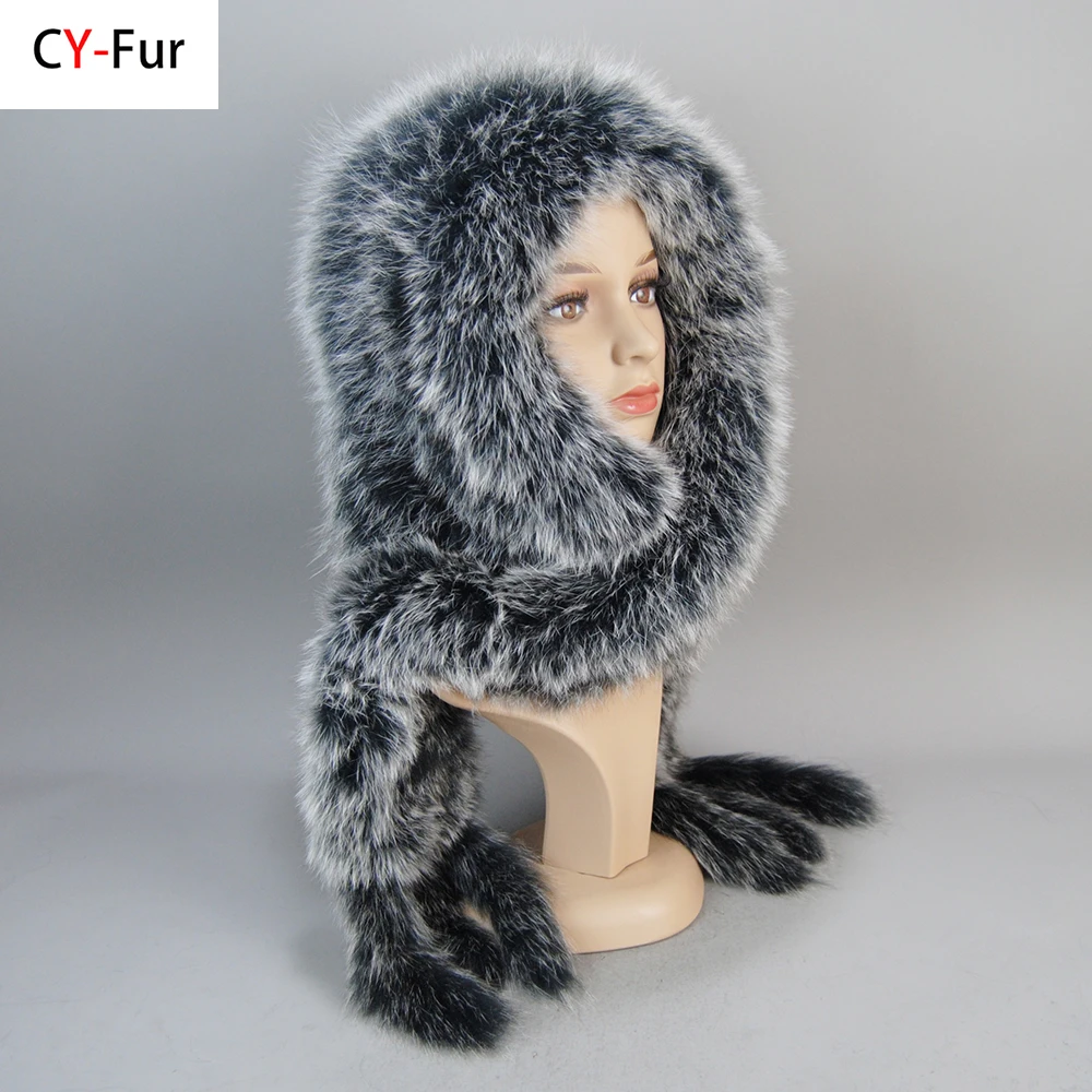 

Winter Thick Women 100% Natural Fox Fur Hat Scarves Lady Warm Fluffy Real Fox Fur Hat Scarf Luxury Knit Genuine Fur Caps Muffler