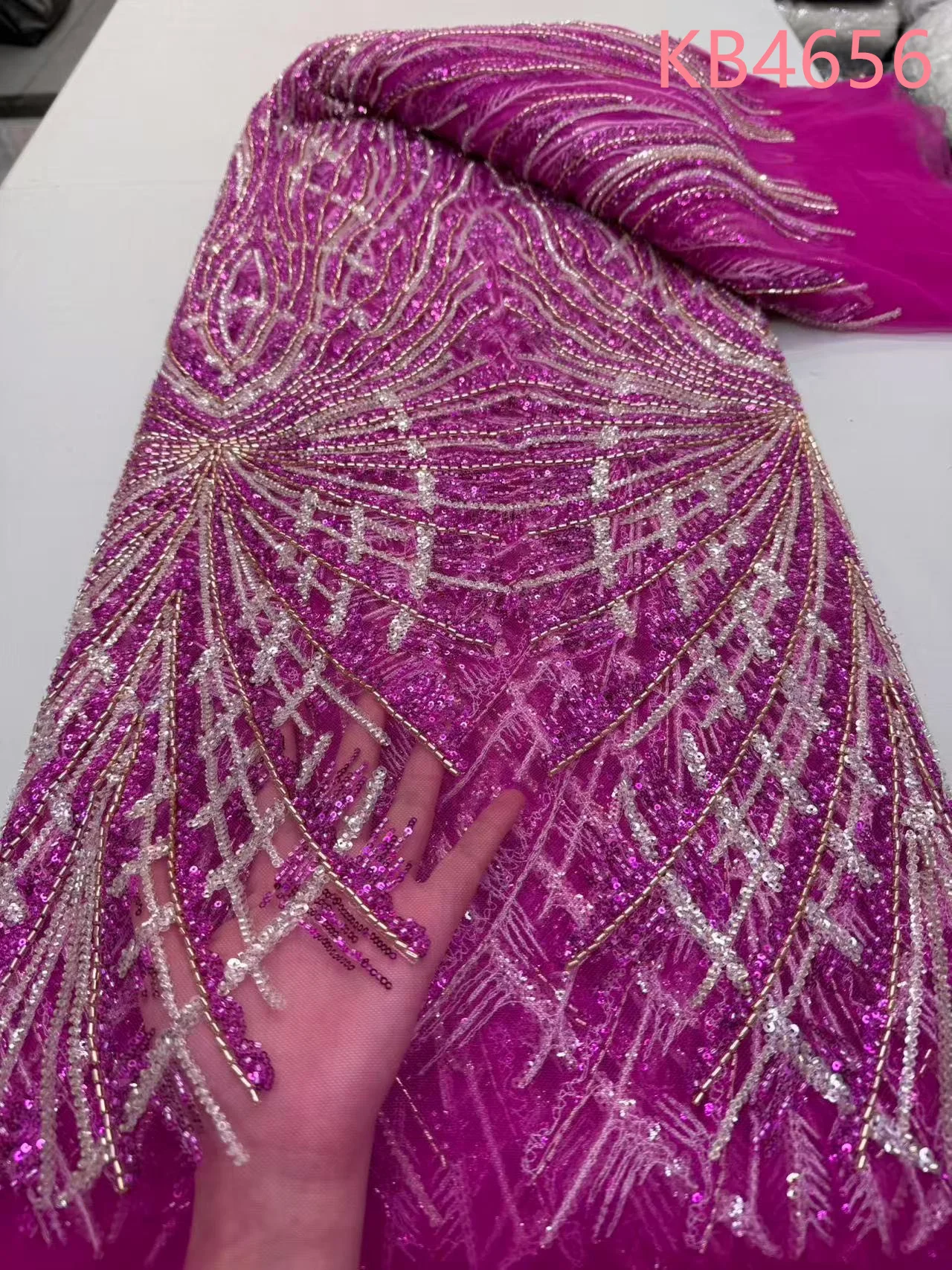 

Purple Beads Lace Fabric Sequins French Mesh High Quality Fabric 2025 Beads Tulle Lace Fabric With Sequins For Sewing KB4656