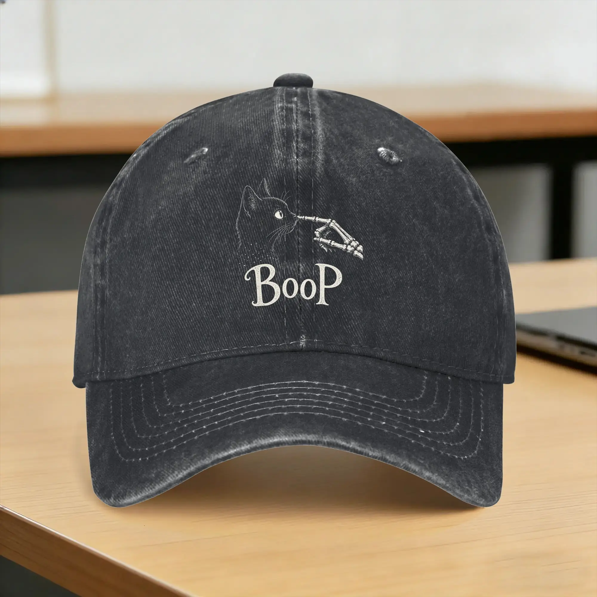 Funny Black Cat Skeleton Hand Boop Halloween Cat Lover Baseball Cap Sun  Kpop Rock Hot Sale Washed Hip Hop Hats Casual Caps