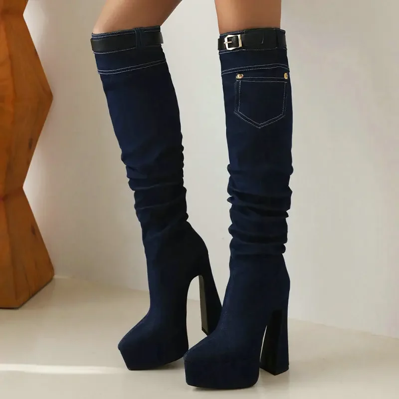 Denim Jeans Dark Blue Point Toe Sexy Kneehigh Boots Strange Style High Heels Platform Winter Women Shoes With Pocket Buckle Belt