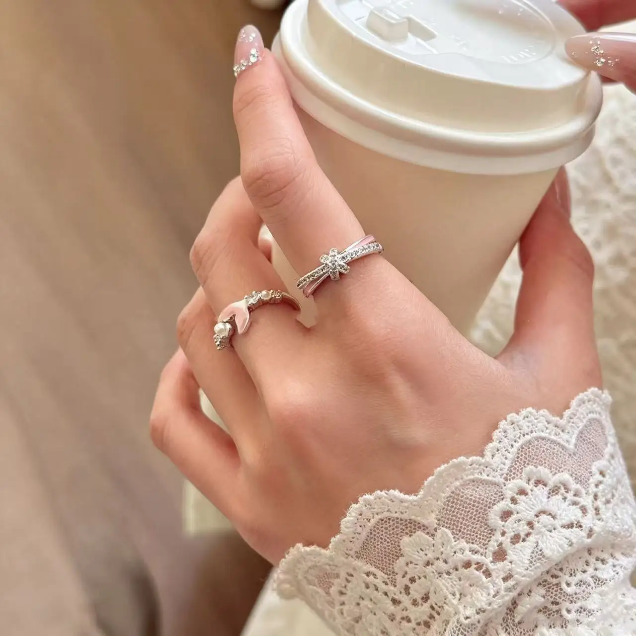 Ring Open Adjustable Gradient Butterfly Flower Silver Tone Alloy Minimalist Elegant Stackable Unique Daily Jewelry Women