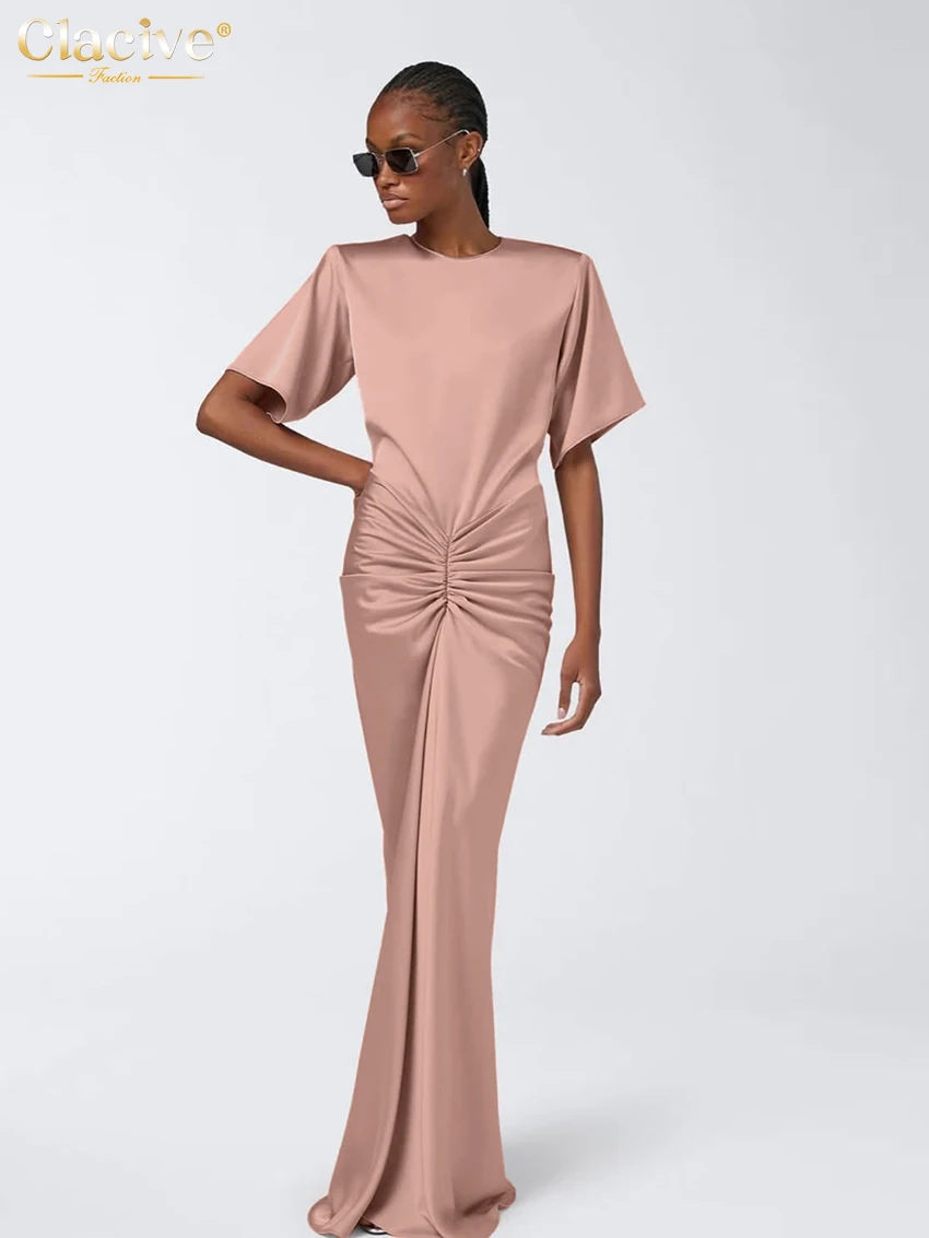 

Clacive Summer Loose Pink Satin Women's Dress 2026 Fashion O-Neck Short Sleeve Maxi Dresses Elegant Classic Ruched Female Dress