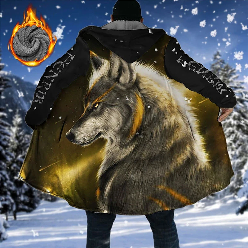 

Men's Winter Fleeced Jacket Coat Padding Windbreaker Wolf Fenrir Print Warm Parkas Male Coats Zip-up Hoodies Outerwear 2024