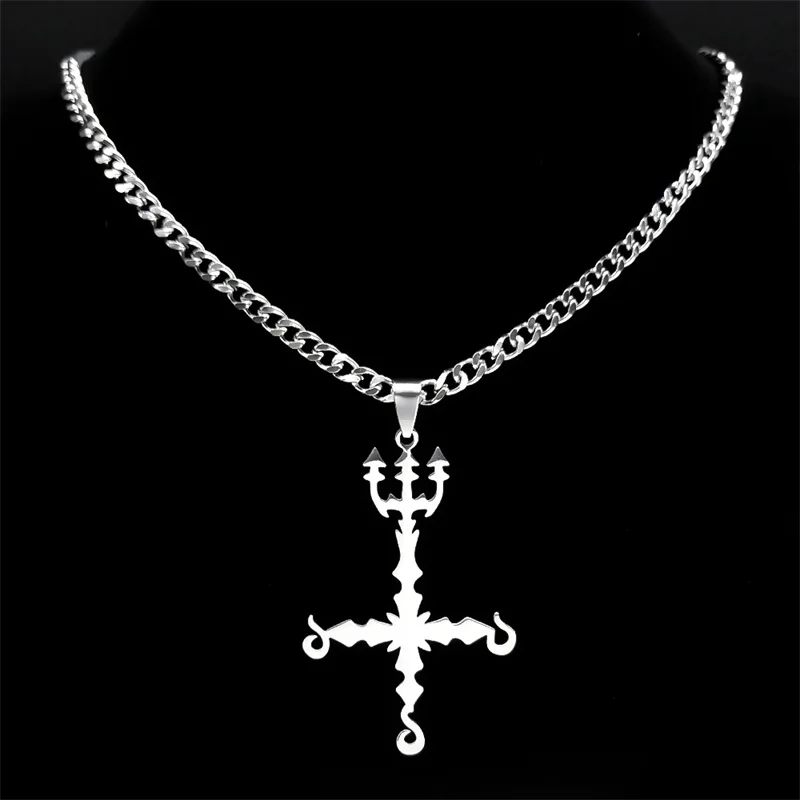 666 Satan Inverted Cross Trident Demonic Necklace for Women Men Stainless Steel Silver Color Statement Necklaces Jewelry N8055SR