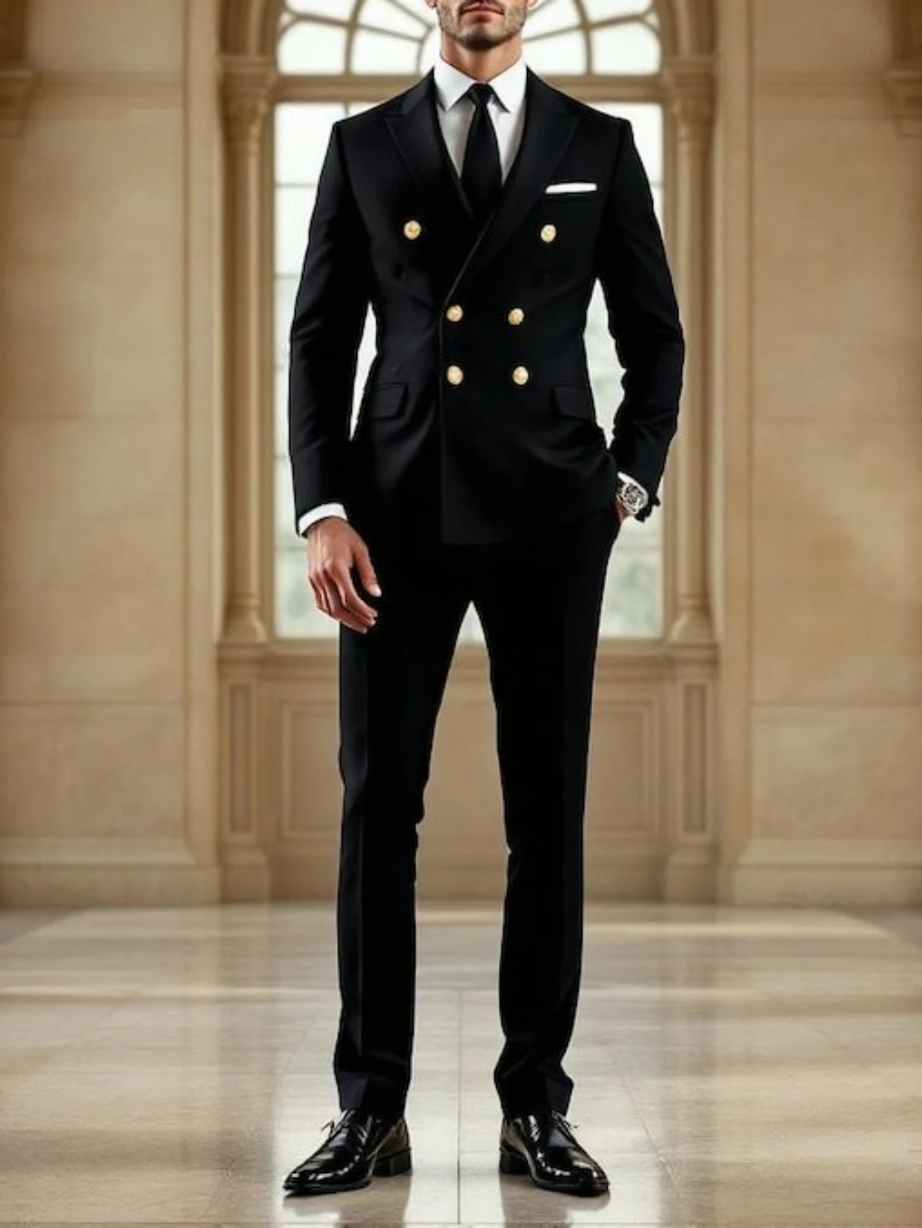 

Изготовленный на заказ черный двубортный костюм для официального свадебного выпускного вечера