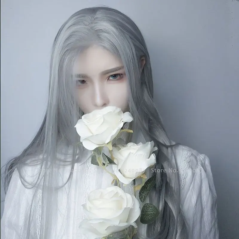 تأثيري الرجال Hanfu طويل مستقيم الشعر أنيمي تأثيري حلي انمي ياباني قزم الأمير الخالد الباروكات كرنفال مرحلة الأداء الاسمية