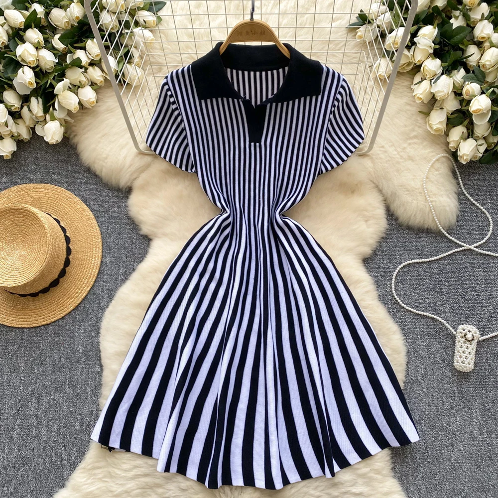YuooMuoo 2025 New Summer Vintage Vertical Stripes Knitted Summer Dress Women Turn-down Collar Slim Waist A-line Short Dress