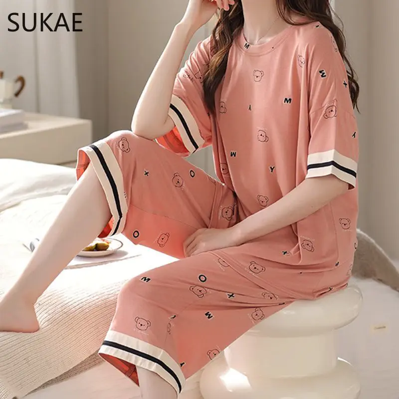 SUKAE Soft Cool Modal M-5XL Plus Size Pijamas for Woman Leisure Lingerie Women Summer Calf-length Sleepwear Casual Pajamas Set