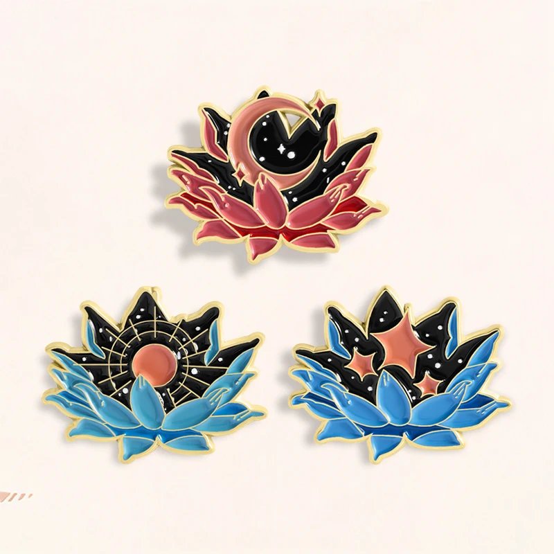لوتس الهلال المينا دبابيس الأزهار السماوية ماجيك القمر الشمس ستار دبابيس التلبيب على ظهره شارة مجوهرات الأزياء هدايا للأصدقاء