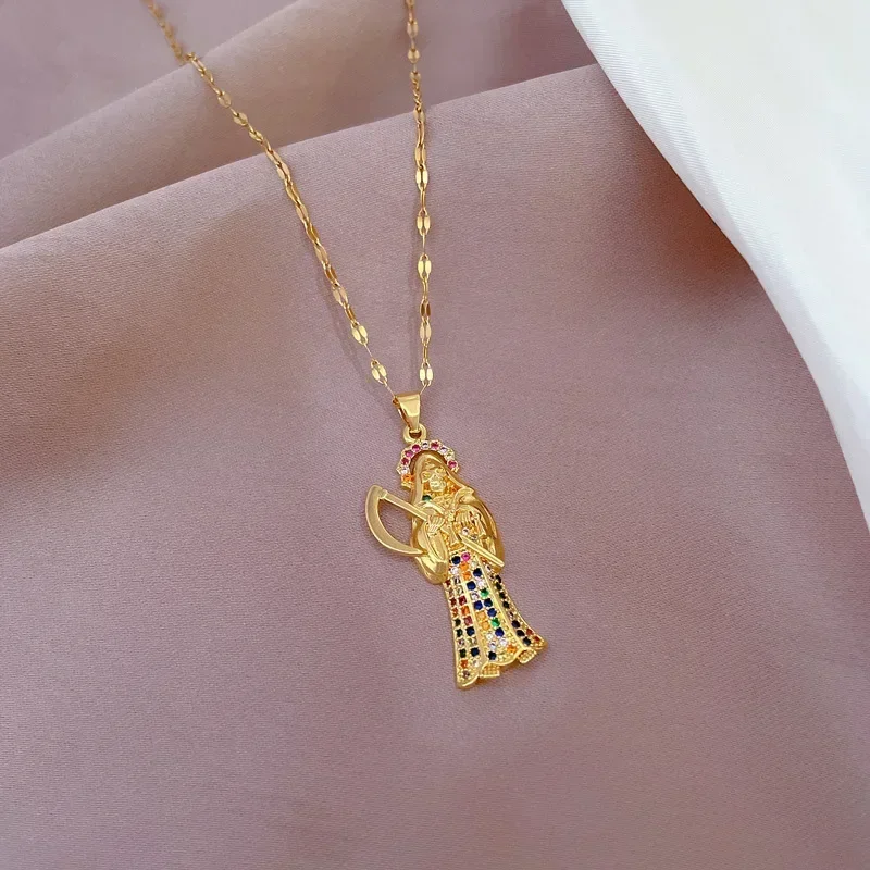 Holy Death Necklace for Saints Gold Plated Multi-color Pendant Necklace Stainless Steel Chain Christian Jewelry Santa Muerte