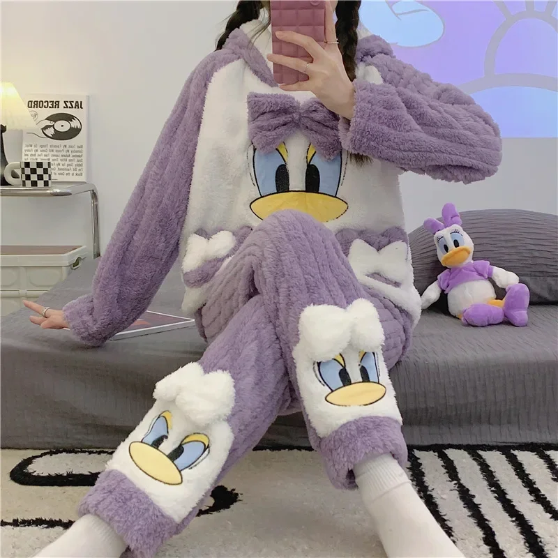 Disney pajamas new winter hooded pullover warm two-piece set cartoon Disney women's loungewear Donald Duck women's pajamas