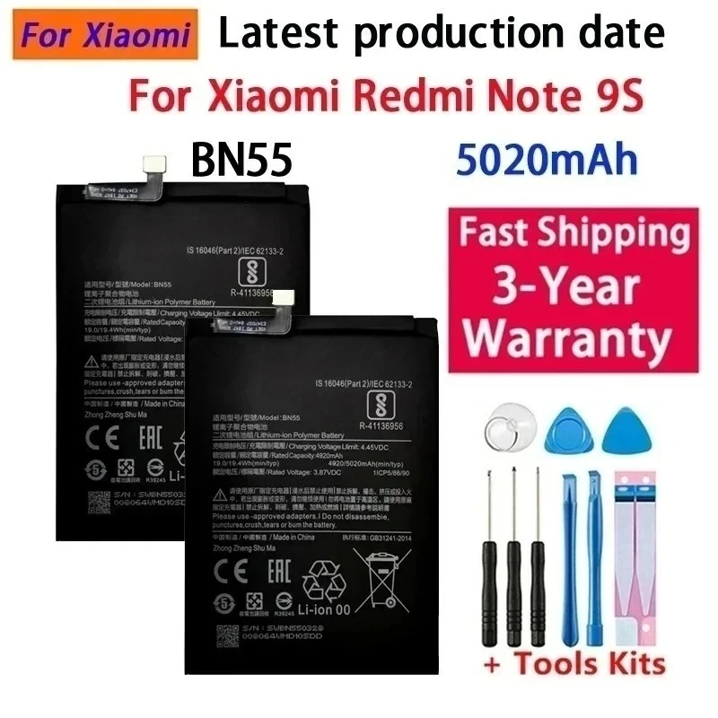 100%  5020mAh Replacement Battery For Xiaomi Redmi Note 9S Note9S BN55 Genuine Phone Battery Batteries +Tools