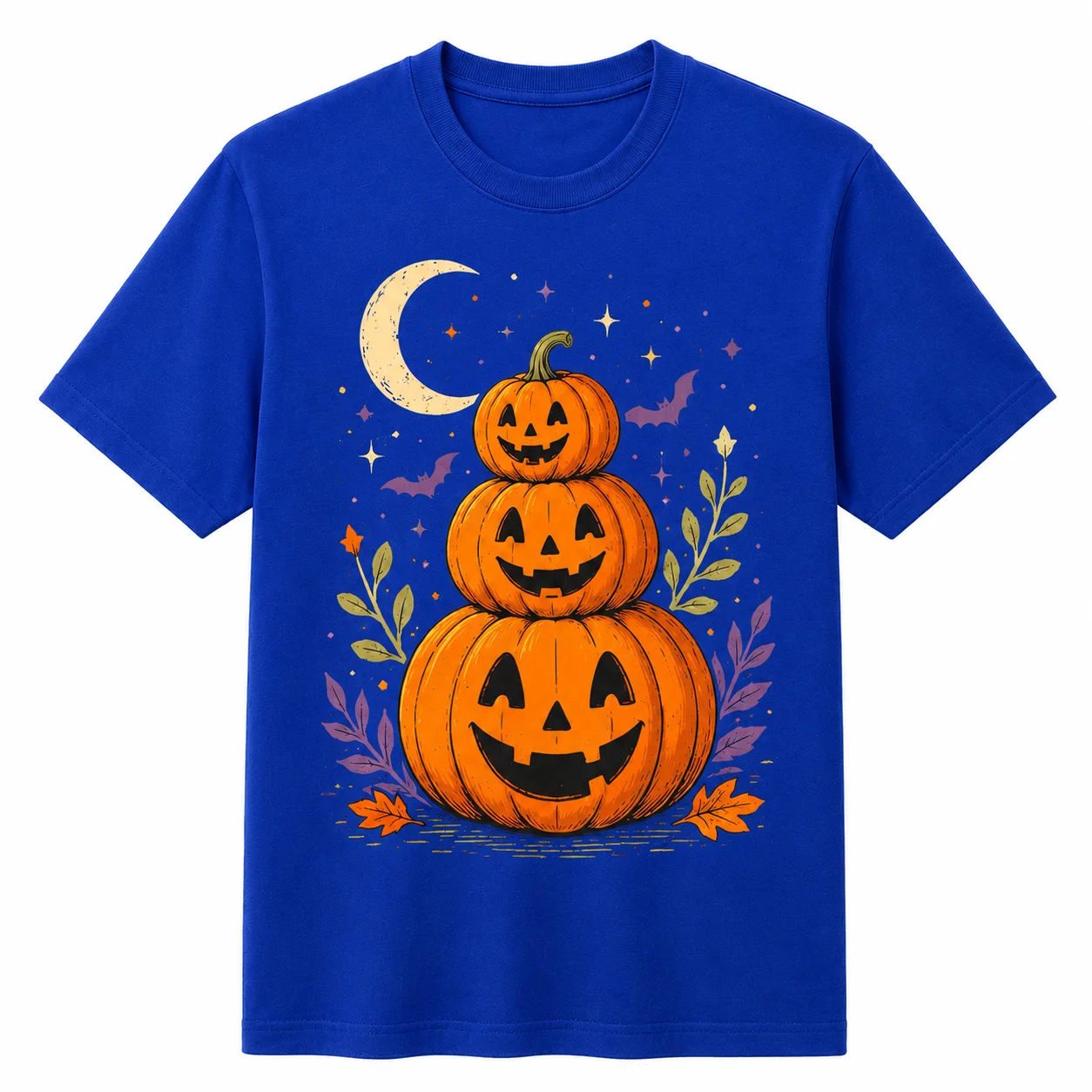 Unisex Halloween Stacked Pumpkin Printed T‑Shirt Short Sleeve 100% Cotton With Jack‑O‑Lantern Pumpkin Patterns For Party Wear