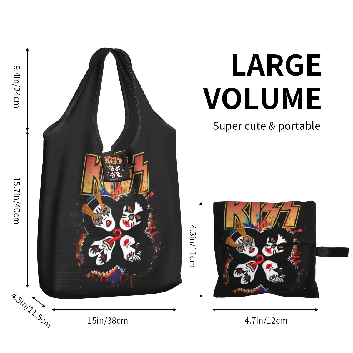 Kiss Band Rock And Roll Shopping Bag Reusable Grocery Tote Bags 50LBS Ripstop Large Capacity Rock Recycling Bag Washable Handbag