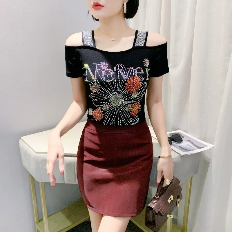 Summer New European Clothes Girl T-Shirt Sexy Off Shoulder Fashion Shiny Diamonds Women Mesh Tops All Match Tees Blouse