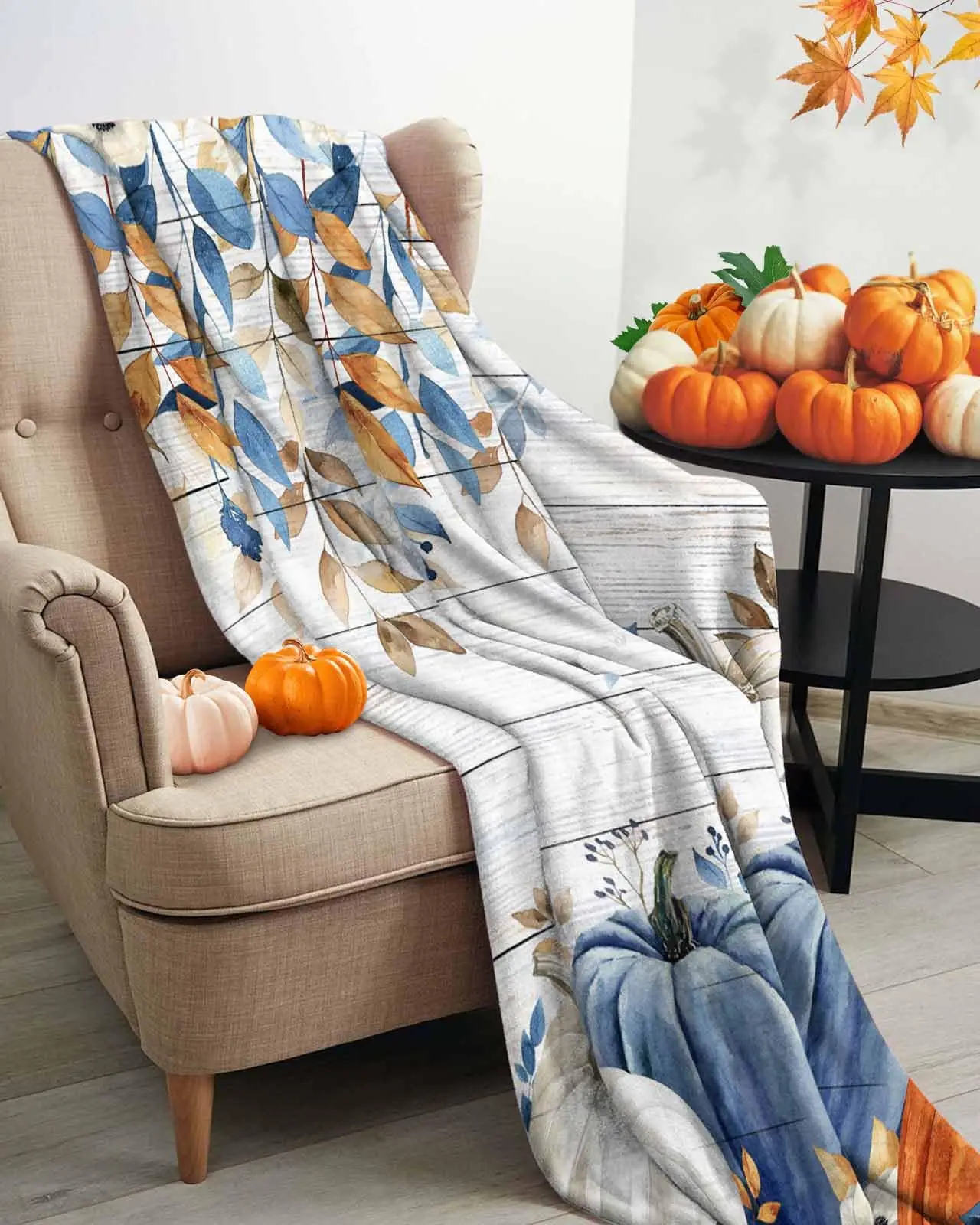 Pumpkins Blue Orange Eucalyptus Leaves Thanksgiving Flannel Fleece Blanket, Grey Wooden Autumn Lightweight Blanket