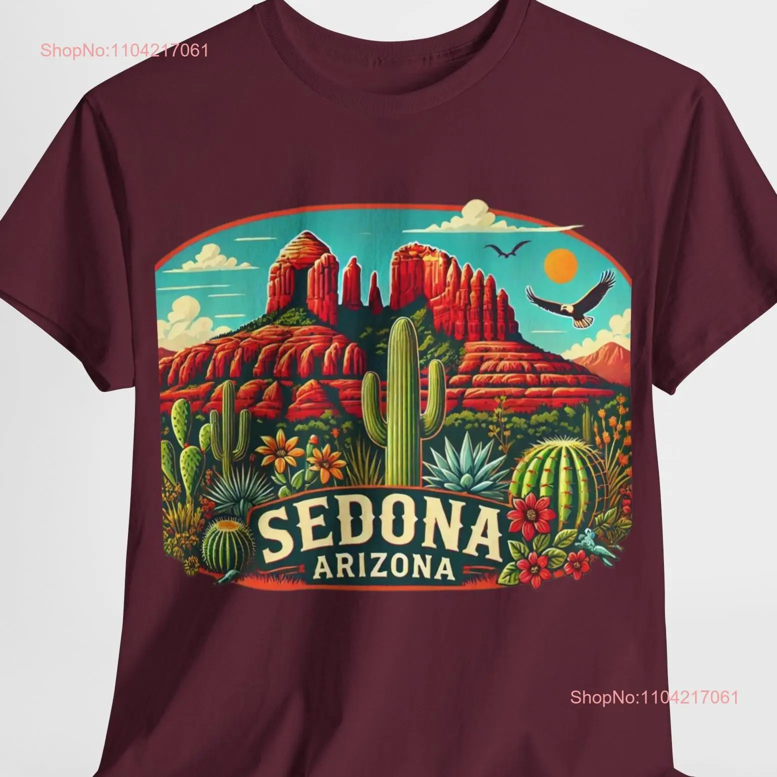 Sedona T Shirt Southwest DeserT Souvenir Arizona Saguaro Cactus Image long or short sleeves