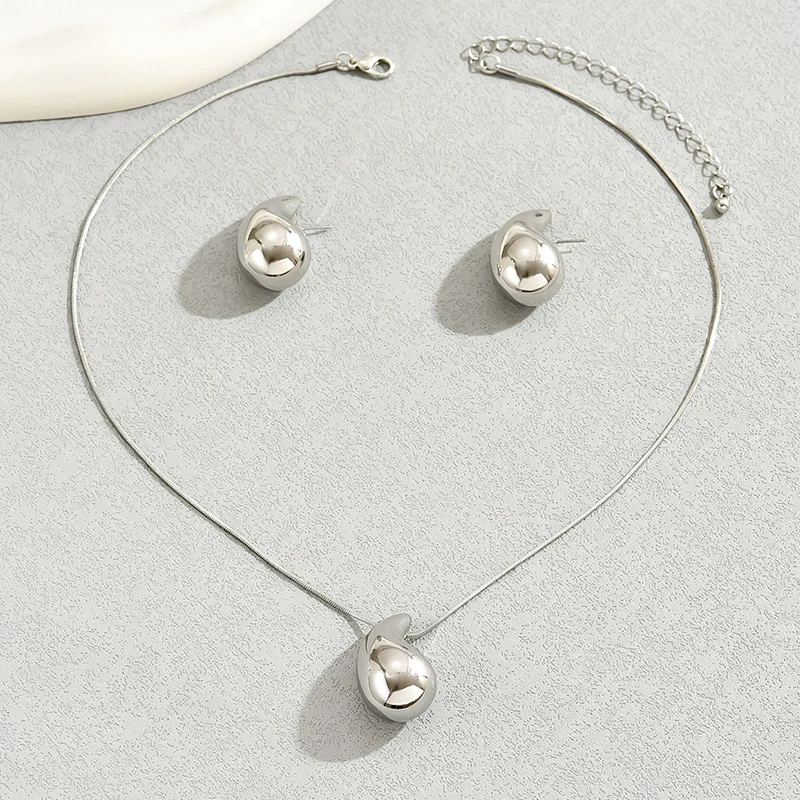 Water Drop Shape Jewelry Set 2 Pcs Necklace Stud Earrings Gold Silver Color Zinc Alloy Simple Style For Woman image 5
