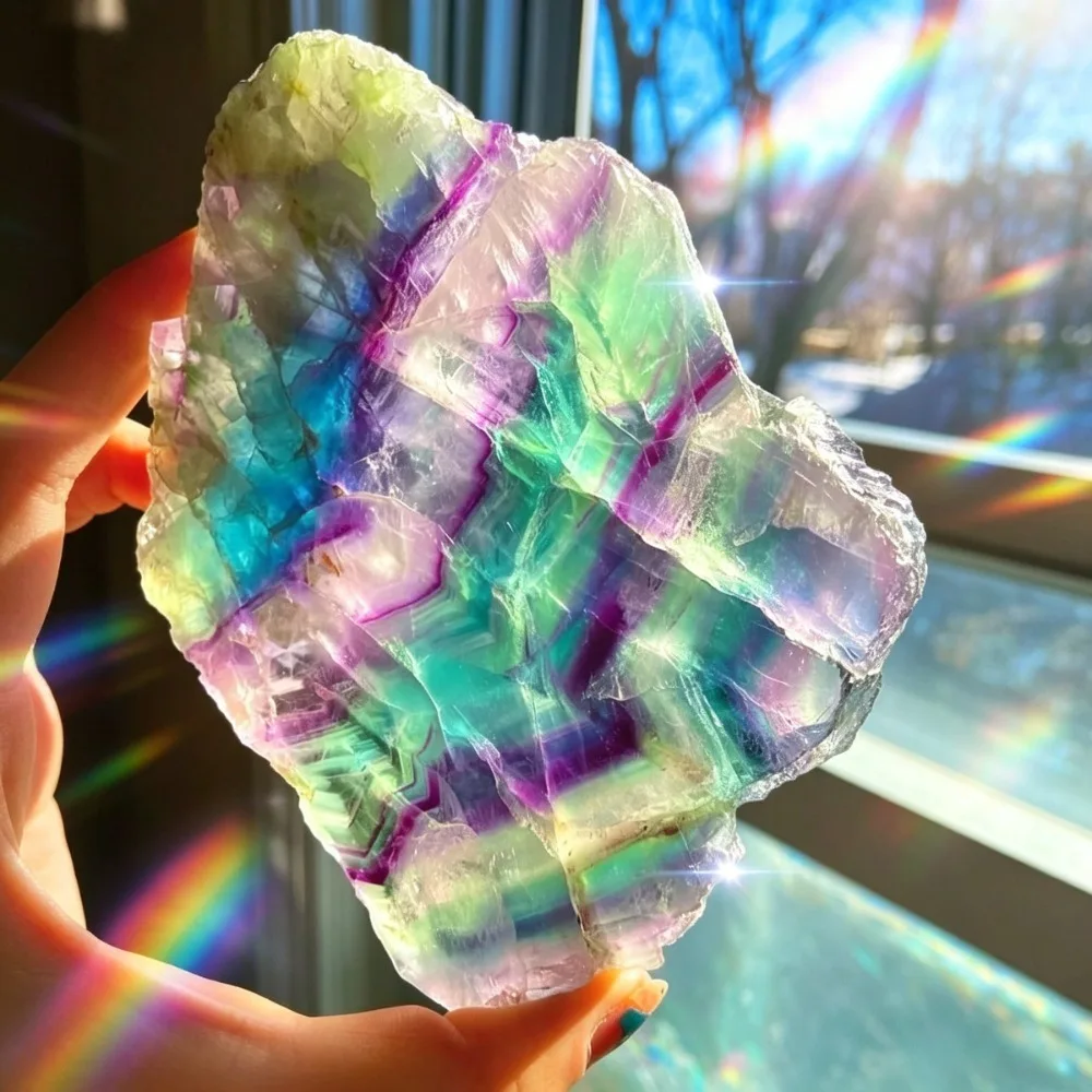 Tranche de fluorite arc-en-ciel en pierre naturelle, tranche de cristal de quartz, spécimens minéraux, relaxation aromatique par la guérison Reiki, décoration en cristal