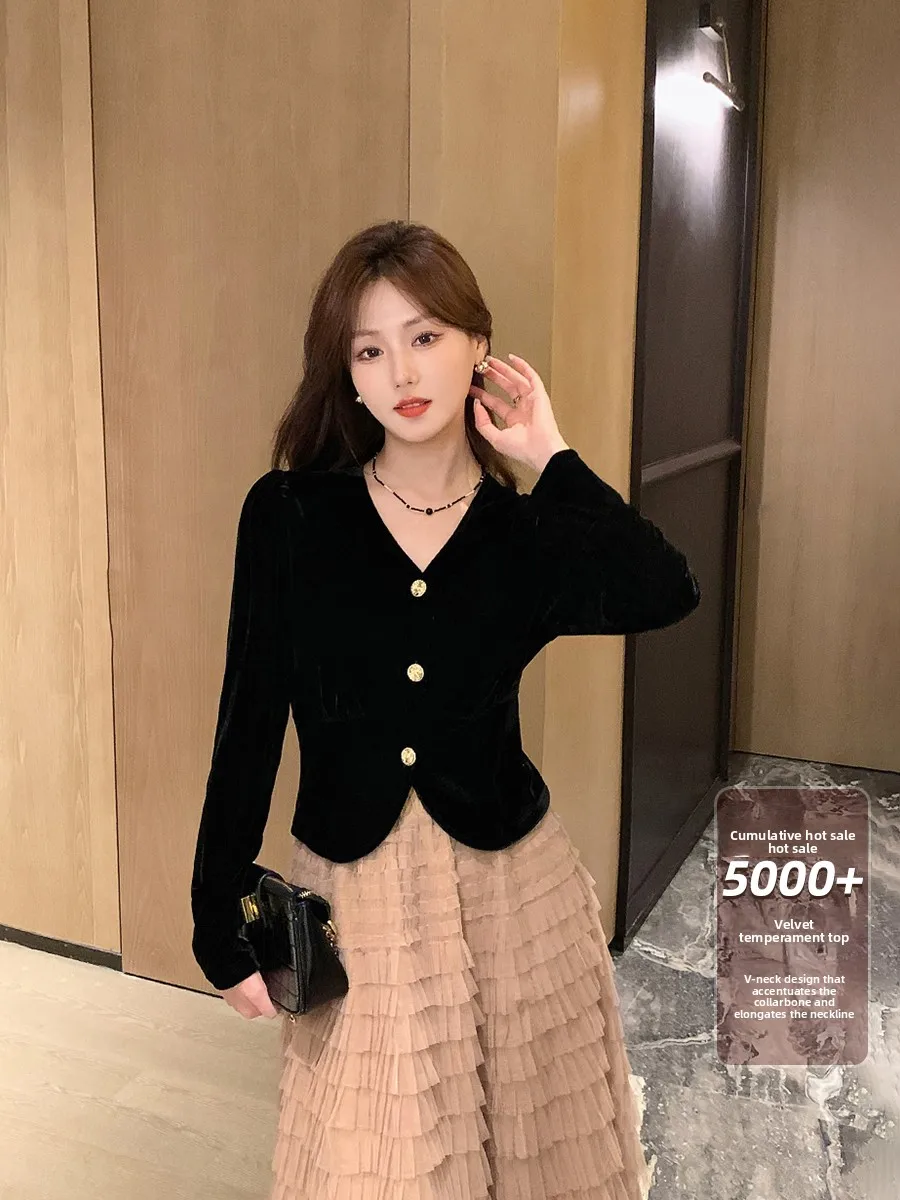 

Ms.Daoge Velvet Long Sve V-Ne Женская irt Весна Осень Высококачественная мода Прямой крой на пуговицах Устойчивая к морщинам...