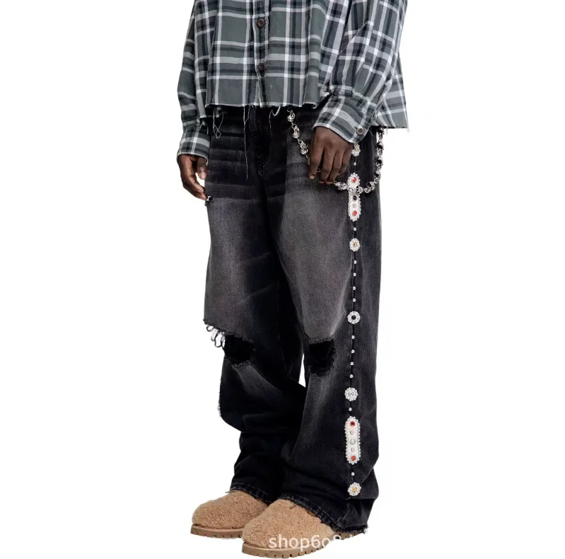 펑크 빈티지 라인 석 장식 검은 청바지 Y2k 아메리칸 스타일 streetwear 헐렁한 넓은 다리 청바지 남자 찢어진 데님 바지 w859