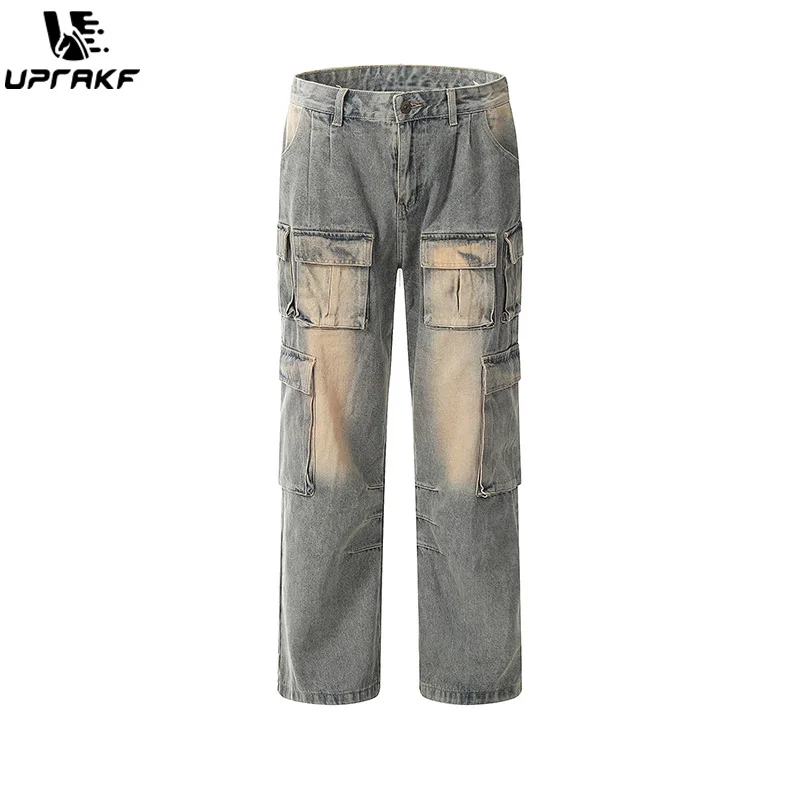 

UPRAKF Straight-leg Multi Pocket Jeans Summer Streetwear Basic Pants Fashion High Street Autumn Casual Denim Loose