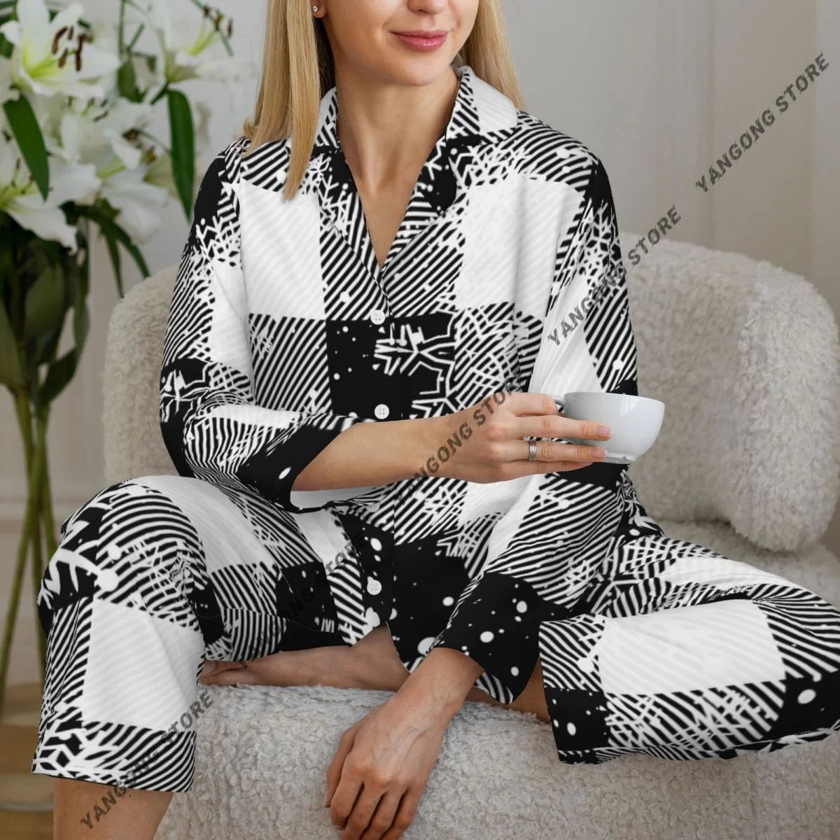 

Весенне-осенний пижамный комплект, женские брюки с длинными рукавами, комплект из двух предметов со снежинками и рождественским клетчатым комплектом для домашнего интерьера