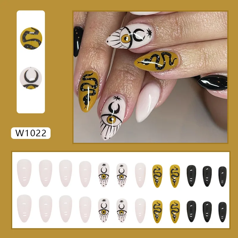 24 قطعة من أظافر الهالوين - جلد الثعبان الأسود مع عيون متوهجة ونجوم متوسطة الحجم على الطراز القوطي اللوز #3