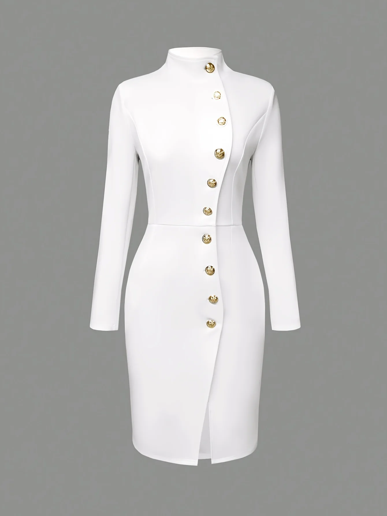 Women's Stand Collar Dress Metal Single Breasted Long Sleeve Split Hem Elegant European Retro Autumn Midi Solid Slim Dresses