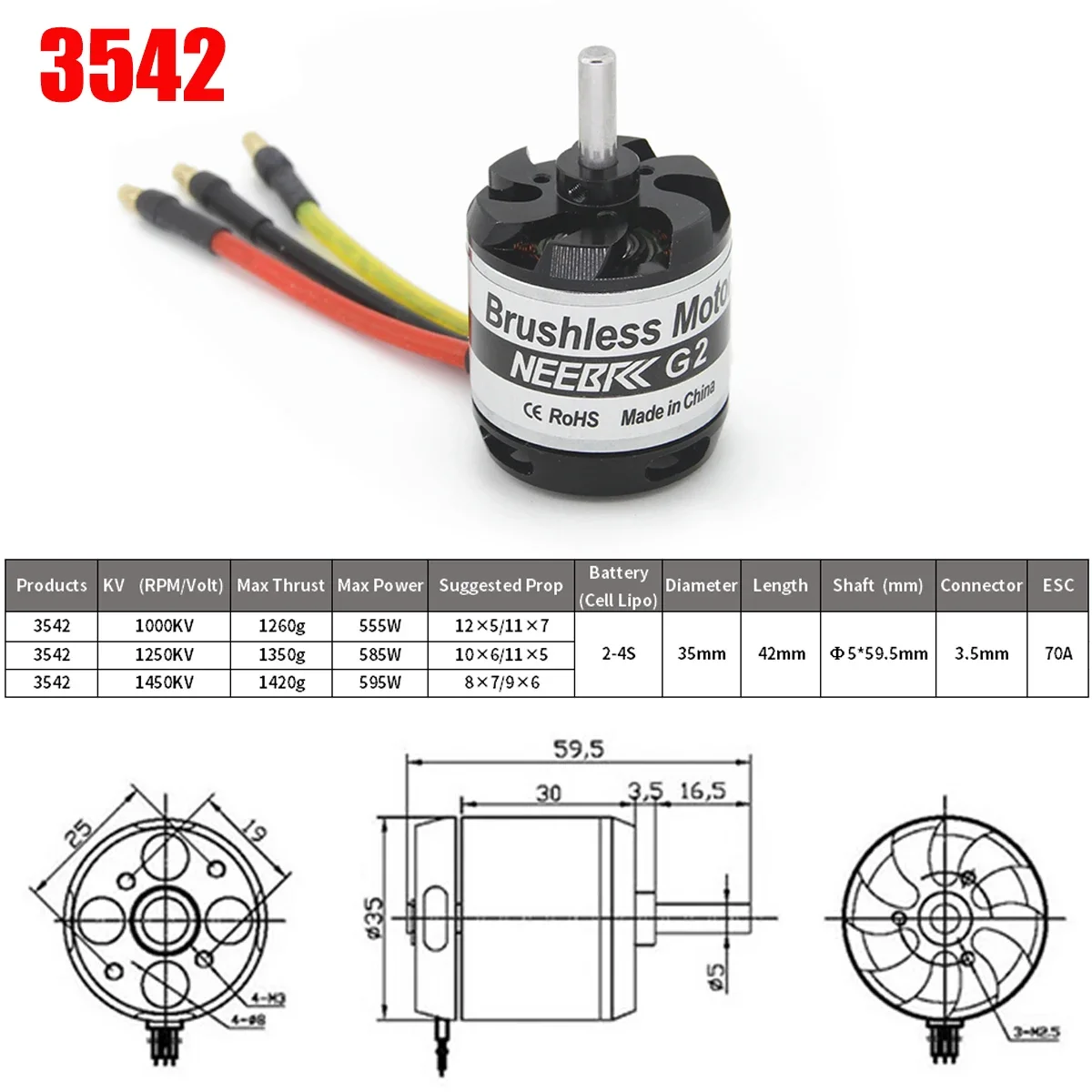 NEEBRC RC Plane Brushless Motor 3542 1000KV 1250KV 1450KV 2-4s for RC Airplane Fixed-wing Drone Plane FPV Engine Quadcopter