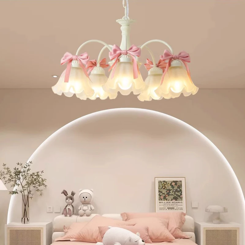 Sweet Princess Room Chandeliers Pink Bow Glass Lamps Modern Romantic Warm Children's Living Room Girl Bedroom Decor Chandelier