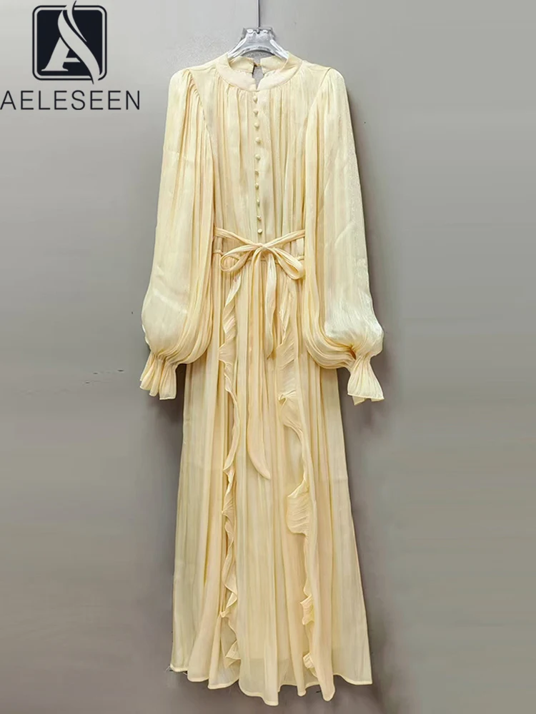

AELESEEN Solid Spliced Lace up Loose Midi Dress for Women O-Neck Long Sleeve High Waist Ruffles Temperament Female Fashion