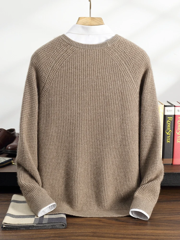 Autumn Winter 100% Cashmere Pulllover Sweater Men's O-neck Smart Casual Soild Thick Basic Kintted Raglan Sleeve Tops High-end