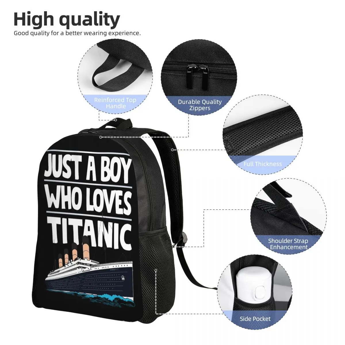 Just A Boy Who Loves Titanic Backpack Adjustable Shoulder Strap Stylish Lightweight Large Capacity