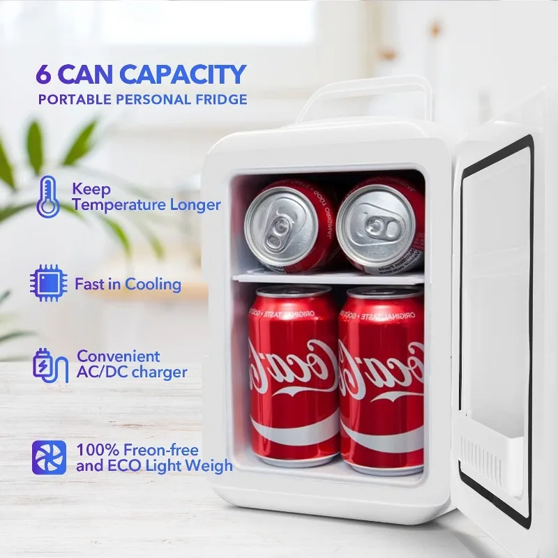 ثلاجة صغيرة 4 لتر/6 علبة ثلاجات مدمجة مبرد محمول وساخن تيار متردد/تيار مستمر للعناية بالبشرة والمشروبات والأدوية