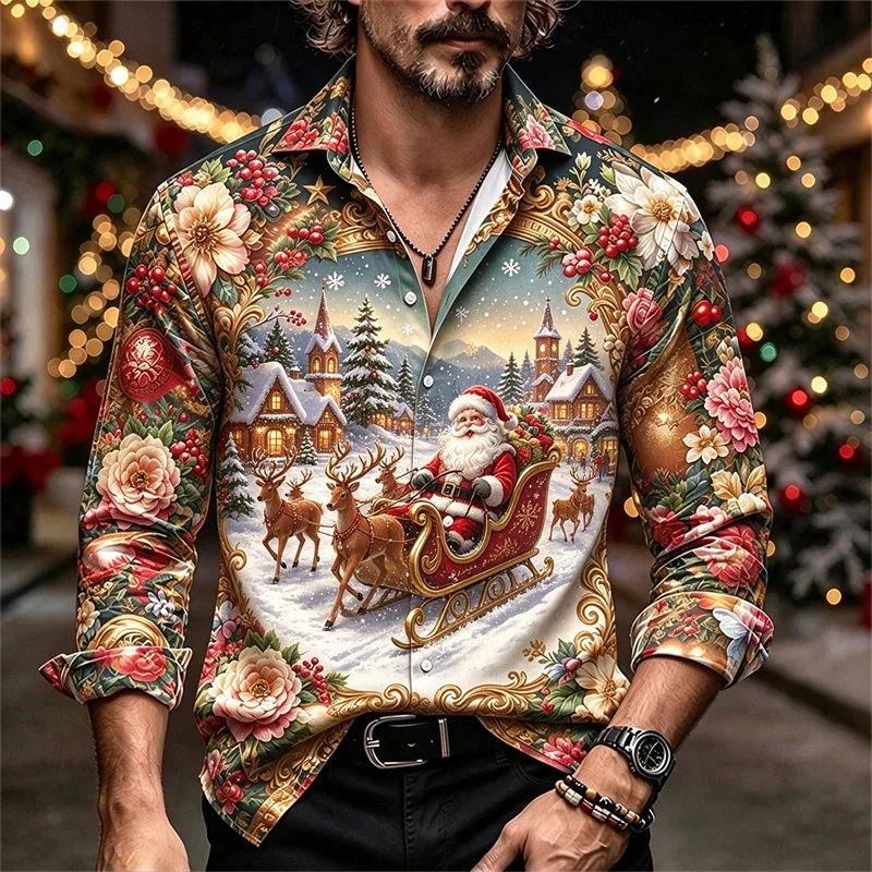 New men's shirt with red and black Christmas lights string, gold bell, pine branches, pine cones, snowflake print shirt