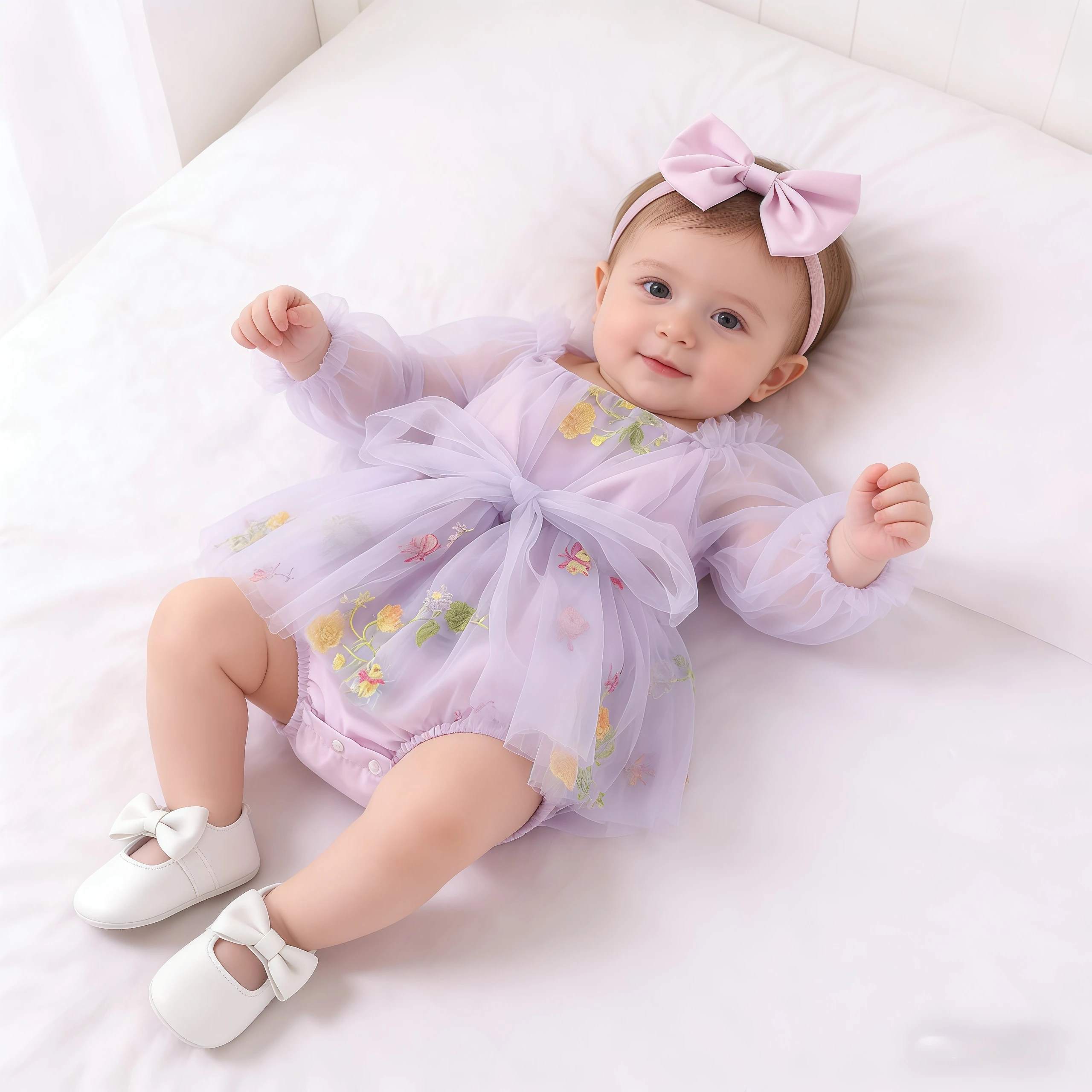 Spring Fashion Baby Girls One-Piece Dress For Infant Toddlers Long Sleeve Mesh Flower Embroidery Rompers Newborn Cute Jumpsuit