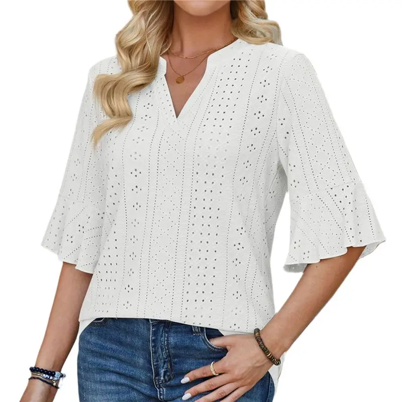 CYL-Plus-Size-Tops-For-Dames Chic V-hals 3/4 Lengte T-shirts met ruches aan de mouwen Trendy Casual losse blouses