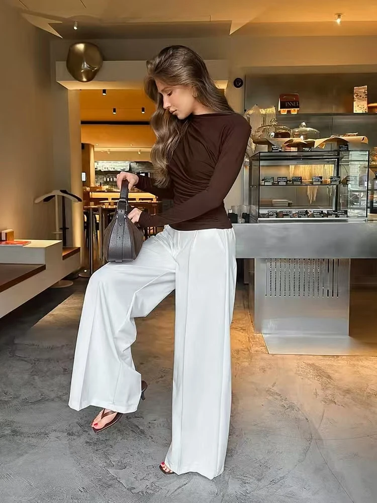 Camiseta larga plisada ajustada Sve Faionable Casual Base irt Top de Color de tela de poliéster de otoño para mujer