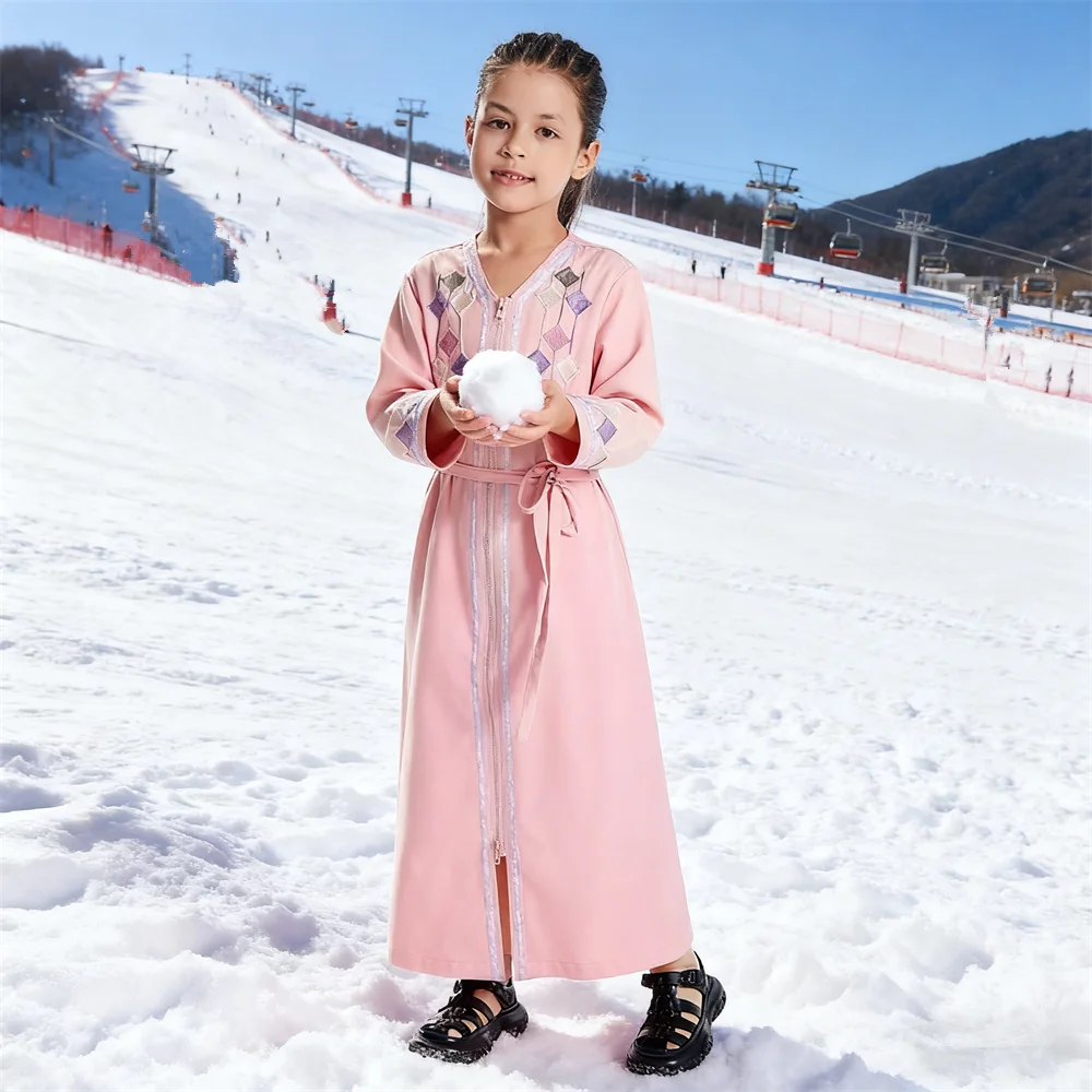 

Muslim Kids Girls Zipper Front Abaya Morocco Kaftan Islamic Child Maxi Party Dress Eid Ramadan Dubai Turkey Robe Abayas Caftan