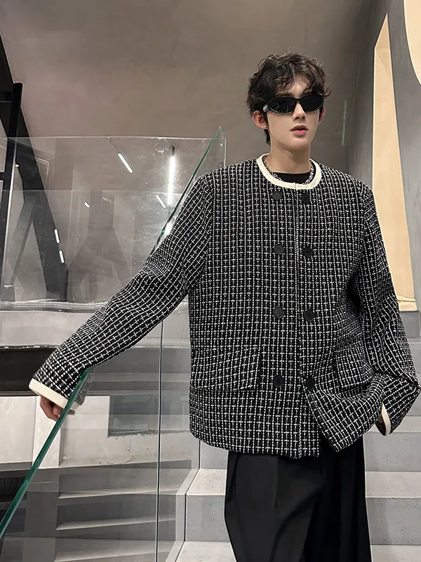 

Свободный крой, двубортный мужской топ без воротника, верхняя одежда в клетку тартан, модная универсальная осенне-зимняя полиэфирная одежда